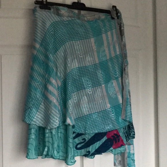 Sari wrap skirt, reversible, blues - Picture 3 of 9